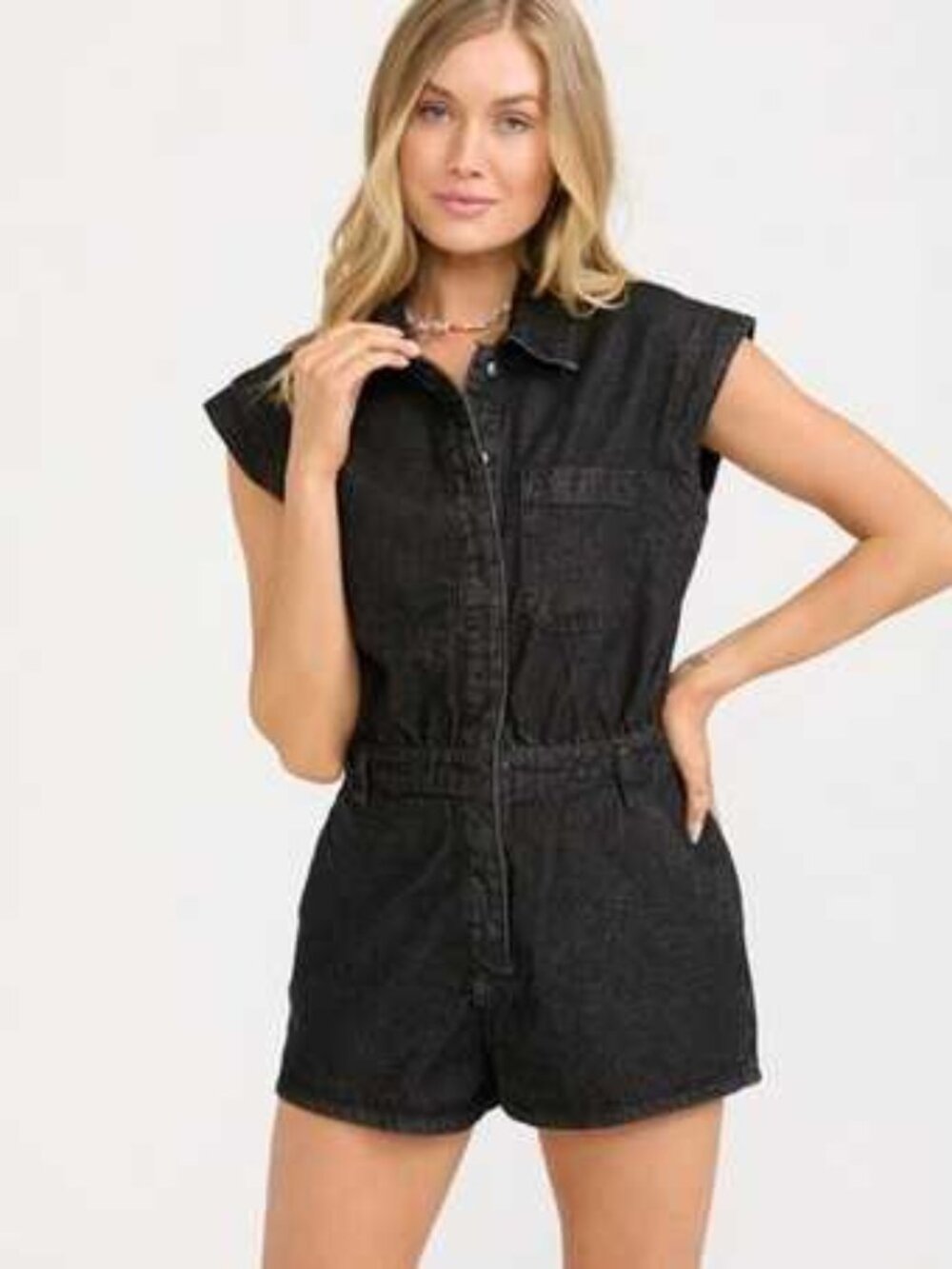 Miou Muse Washed Black Denim Utility Romper Size L